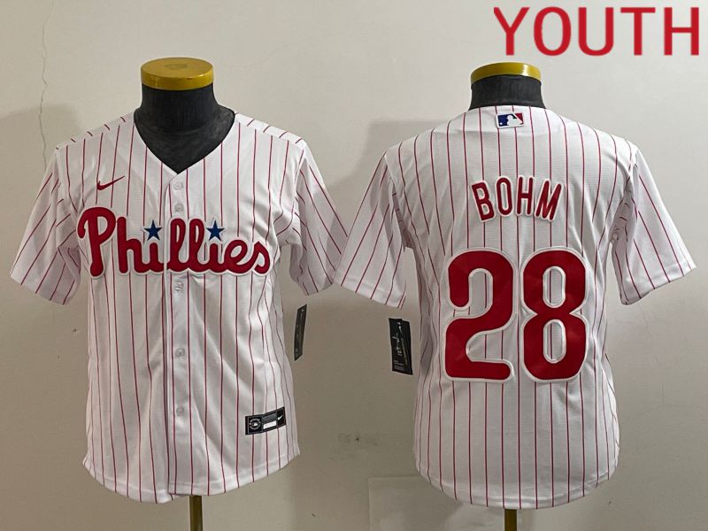 Youth Philadelphia Phillies #28 Bohm White stripe Game 2024 Nike MLB Jersey style 1
